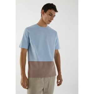 COS Men's Bonded Cotton Color Block T-Shirt Preppy Sustainable Blue Brown Small‎